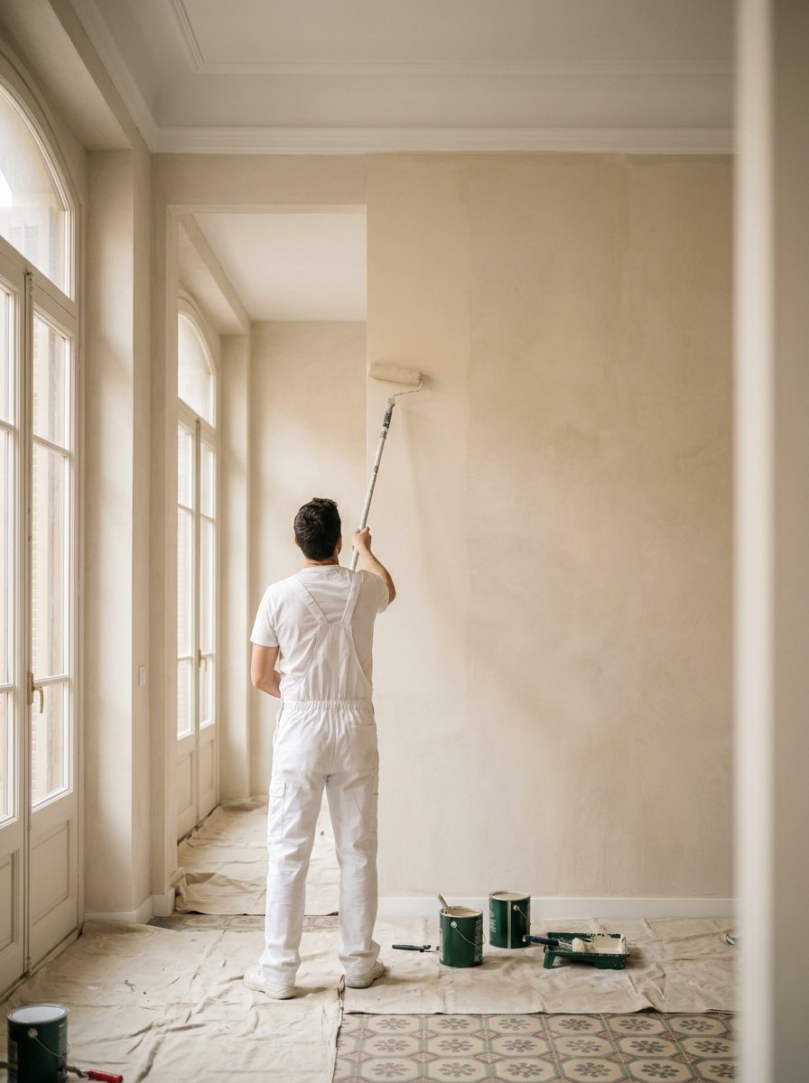 Pintor aplicando pintura con rodillo en una vivienda de Mislata