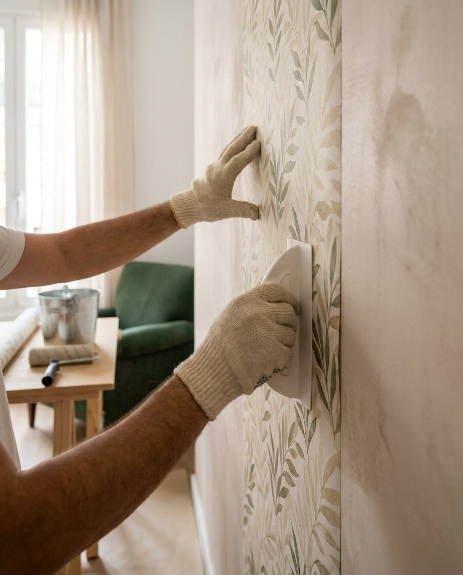 Colocación de papel pintado en la pared