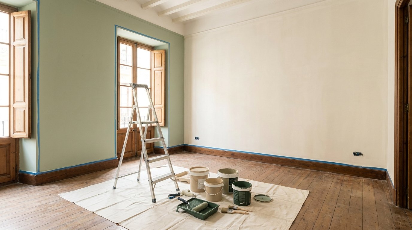 Vivienda en proceso de pintura con el suelo protegido